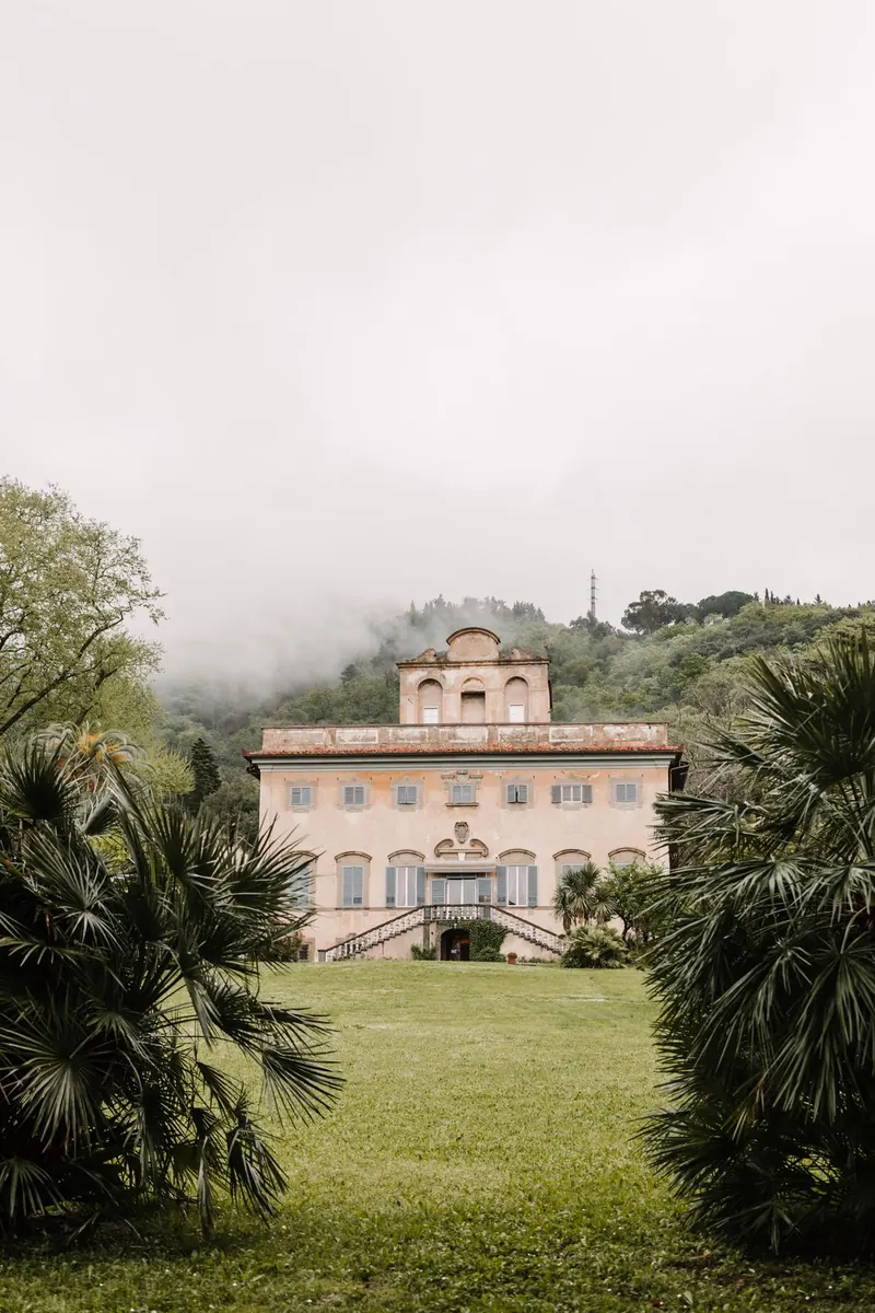 De villa tussen palmbomen en mist op de ochtend van de bruiloft